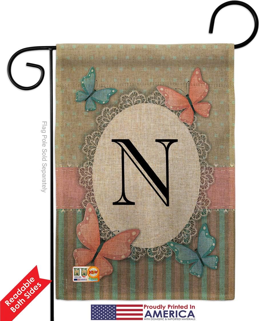 Butterflies N Initial Burlap Garden Flag Monogram Friends Butterfly Ladybugs Dragonfly Bee Springtime Insect Natural Wildlife Small Decorative Gift Yard House Banner Double-Sided Made In USA 13 X 18.5
