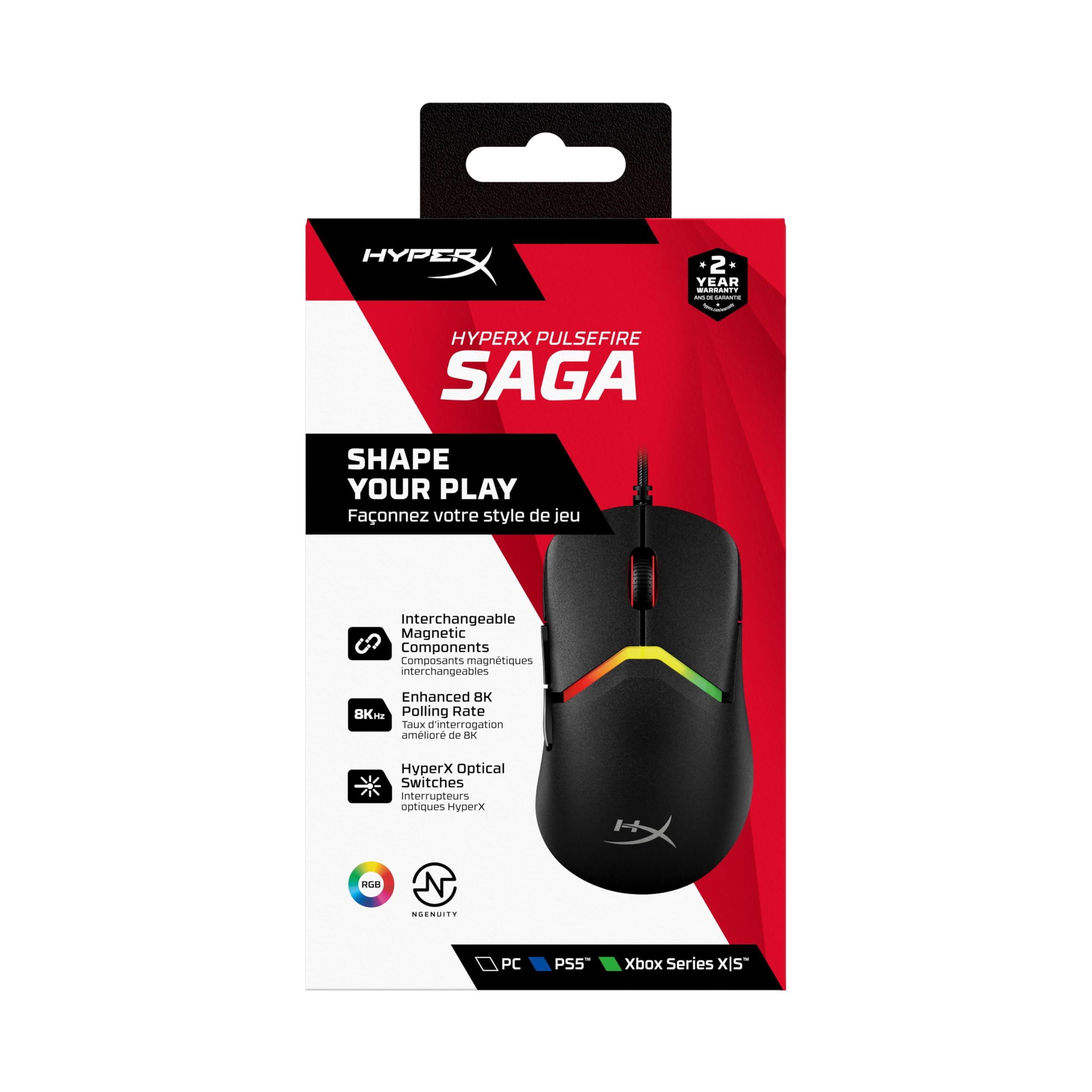 HyperX Pulsefire Saga, Souris Gaming Filaire Ultra-légère modulable de 69g, capteur Optique HyperX 26K jusqu'à 26 000 DPI, taux d'interrogation 8 000 Hz, Cordon Hyperflex 2, RGB, Noir