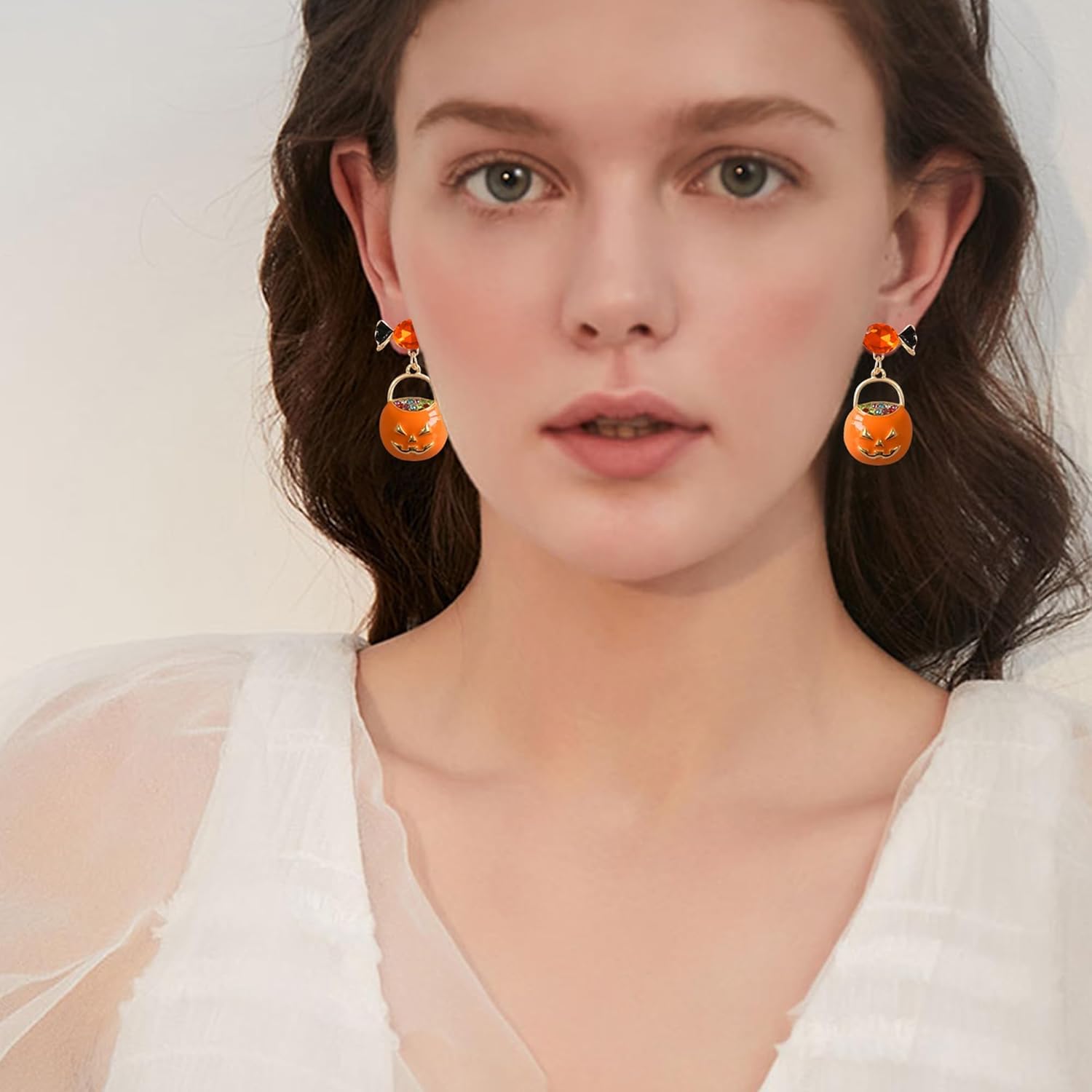 Cute Creative 14k Gold Orange Enamel Pumpkin Dangle Drop Earrings Sparkly Crystal Alloy Candy Stud Earring for Women - Image 4