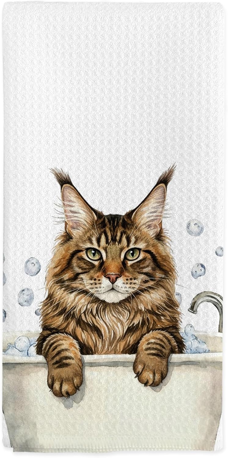 Funny Maine Coon Gifts Hand Towels, Cats Bathroom Decor, Maine Coon Cat Dish Tea Towels, Cats Lovers Gifts Hand Towel for Restroom Kitchen Washroom Decor, 16x24 Inch
