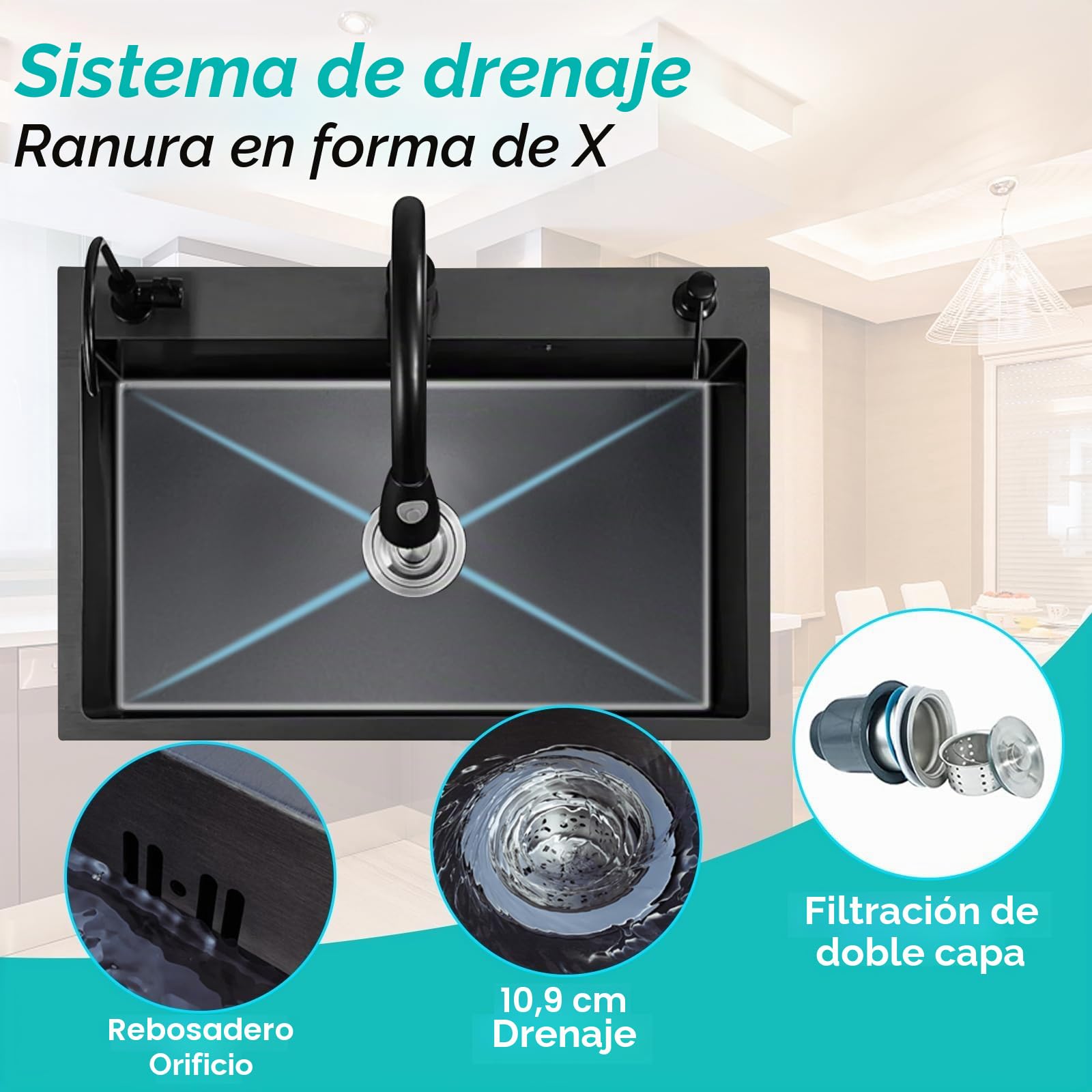Fregadero de cocina de acero inoxidable 304 negro mate, 50 x 45 cm, fregadero empotrado con grifo, dispensador de jabón, grifo de agua potable (50 x 45 cm)