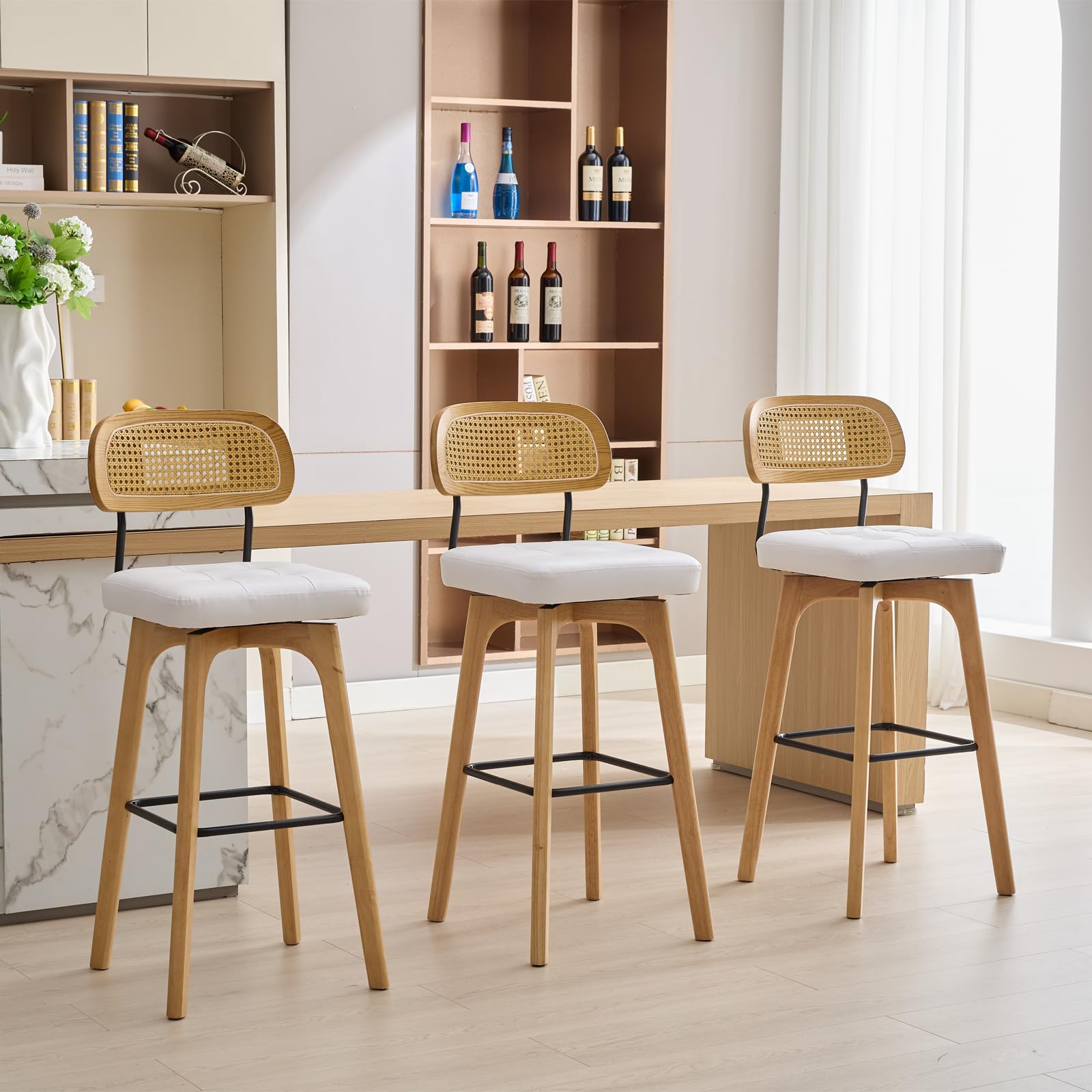 Okeysen Swivel Bar Height Bar Stools with Rattan Back and Footrest，Leather Barstools Set of 3，29" seat Height Bar Chairs for Kitchen Island，Bentwood