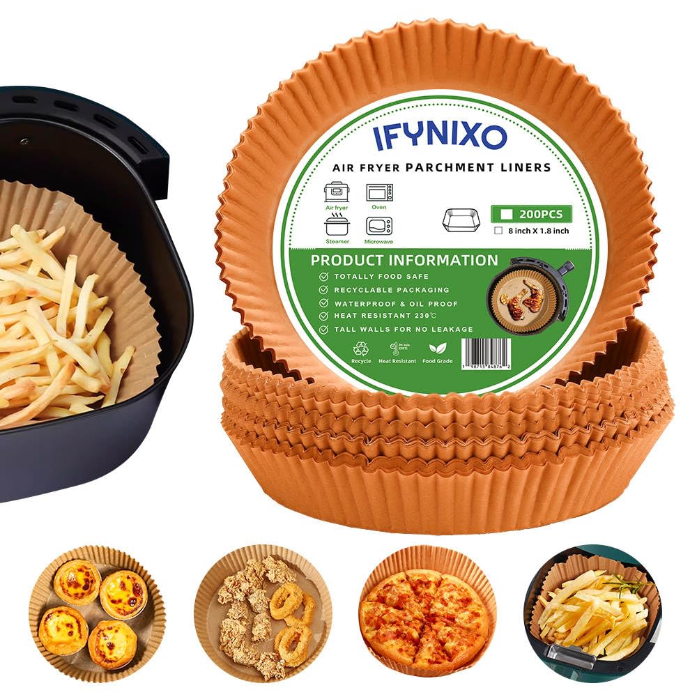 IFYNIXO Air Fryer Liners Disposable, 200Pcs Non-stick, 8” Oil-proof Parchment Paper Air Fryer Liners, Wood Pulp, Food Grade for Air Fryer, Frying Pan, Oven, Microwave and Steamer - (Round)