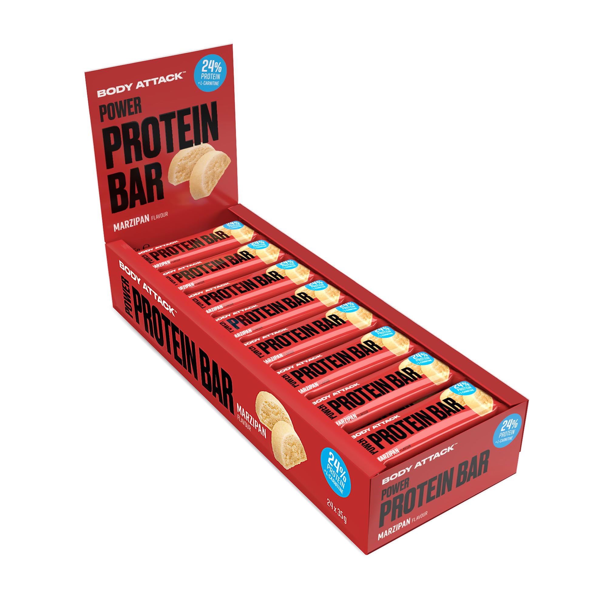 Body Attack Proteinriegel - Marzipan, 24 x 35 g - Fitness Protein Riegel fettarm - Eiweißriegel mit wichtigen Vitaminen, L-Carnitin & 25% hochwertigem Milcheiweiß - Made in Germany