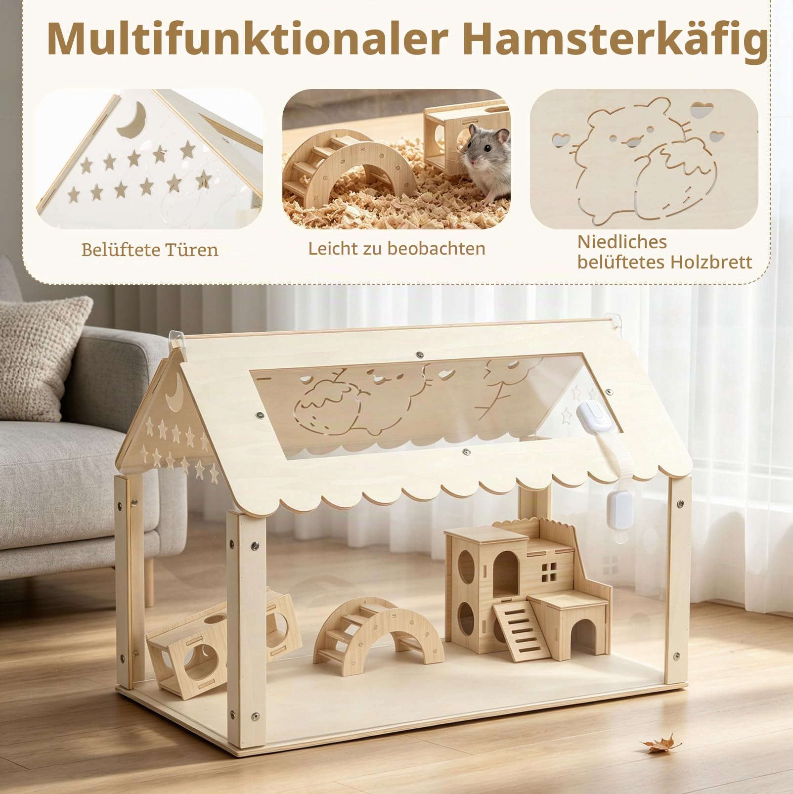 Hamsterkäfig, transparenter Hamsterlebensraum, Kleintierkäfig, 60x40x40cm | Holz Hamsterkäfig mit Versteck im Villenstil, Kleintierlebensräume Groß Stapelbar für syrische Hamster, Nager, Mäuse