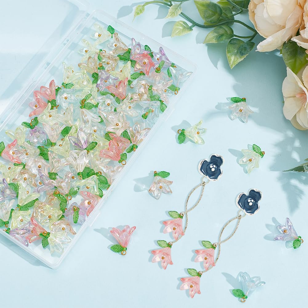 arricraft 60 Pcs 8 Colors Glass Flower Charms,19mm(0.75inch) Colorful Crystal Flower Pendant with Pearl Clear Acrylic Floral Charms Trumpet Flower Beads for Jewelry Making Craft - Image 4