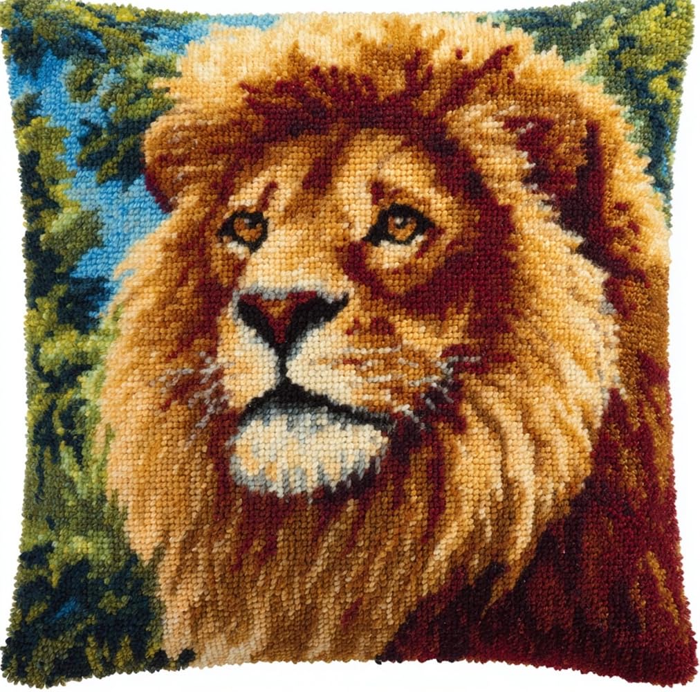 kitphoenix Latch Hook Kit Cushion for Adults,Watercolor Lion Animal DIY Craft Latch Hook Rug Kits Embroidery Pillow Cover Kit for Christmas/Gifts,17X17Inch