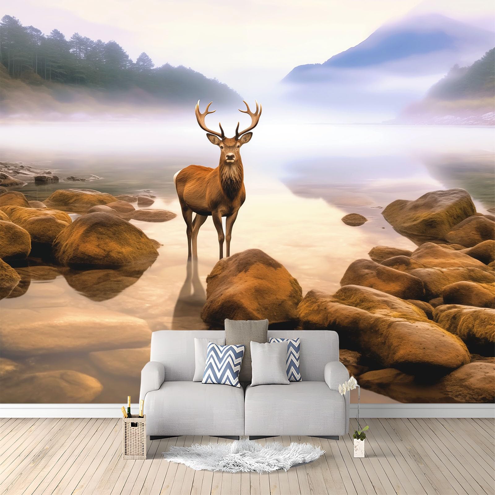 Panoramiczna tapeta ścienna ze skałami i mgłą, dziki jeleń z włókniny ścienne, 450 x 315 cm (szer. x wys.) fresk do salonu, pokoju dziecięcego, dekoracja restauracji