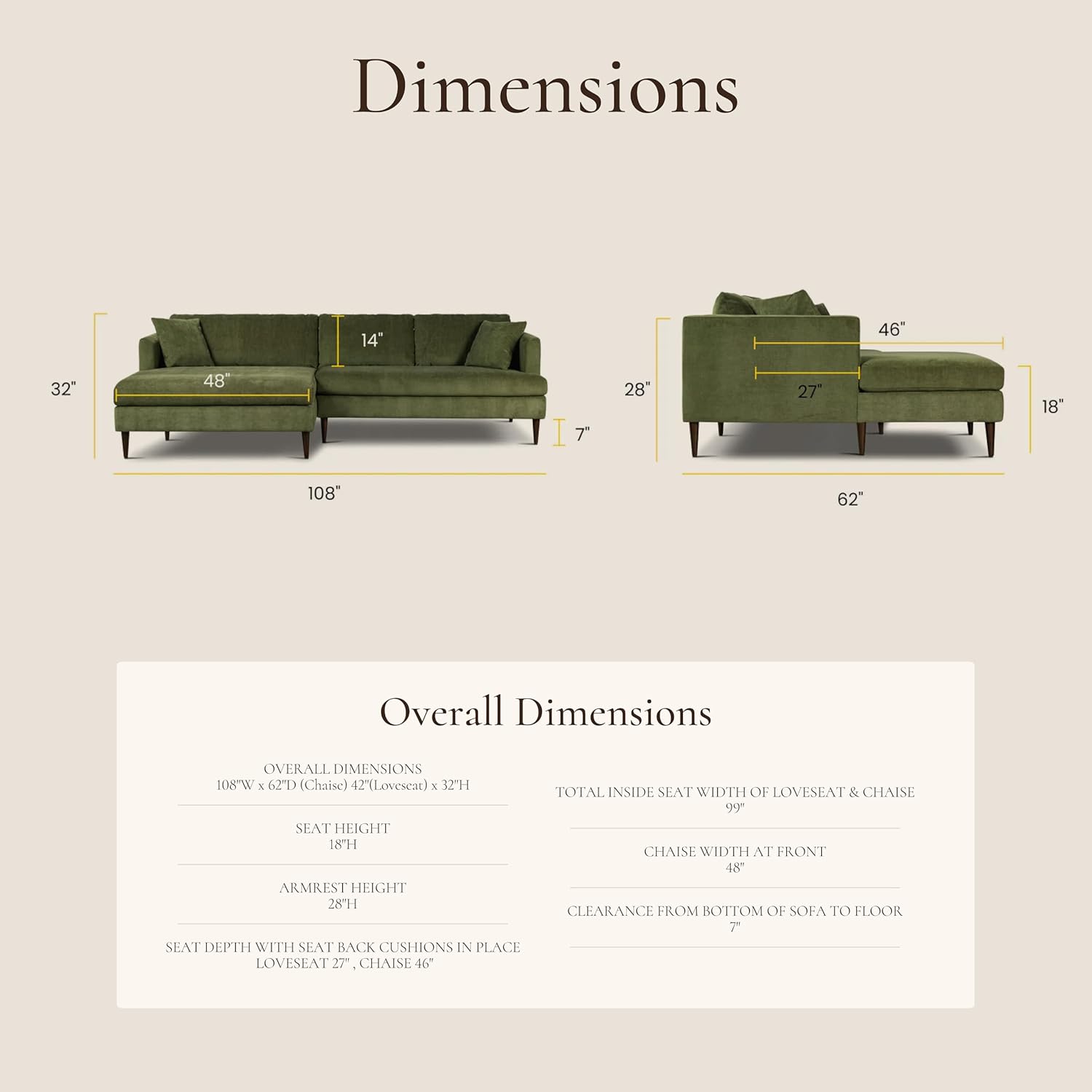 POLY & BARK 108" Lucerne Left-Facing Sectional Sofa with Extra-Wide Chaise – Upholstered in Distressed Green Velvet – Deep, Relaxed Modern Design for Living Room Lounging, Hosting and Everyday Comfort