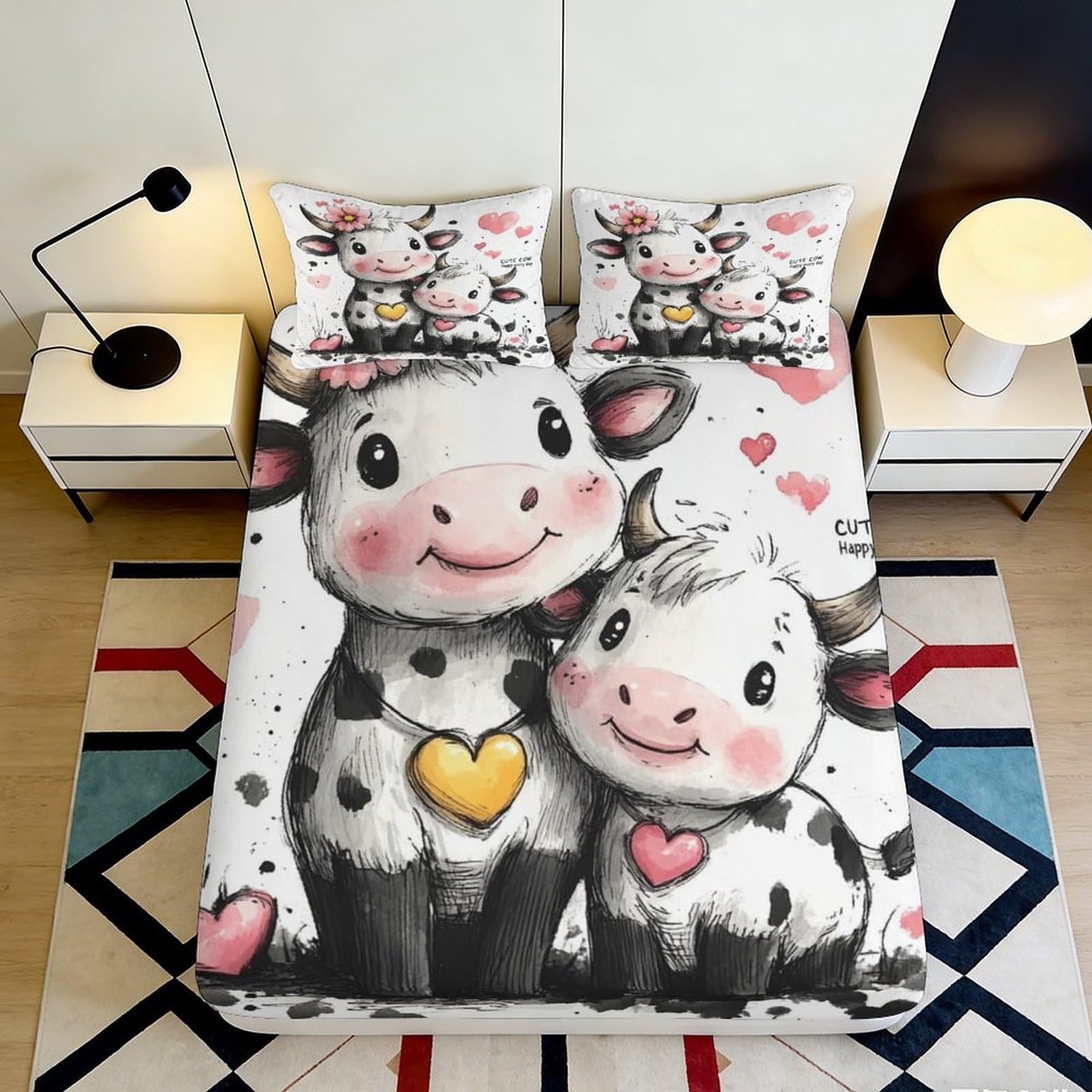 3D Printed Cartoon Cow Fitted Sheet Microfiber Deep Pocket Non-Slip Bedroom Bedding Cow Mattress Fitted Cover Washable 200x200x25cm