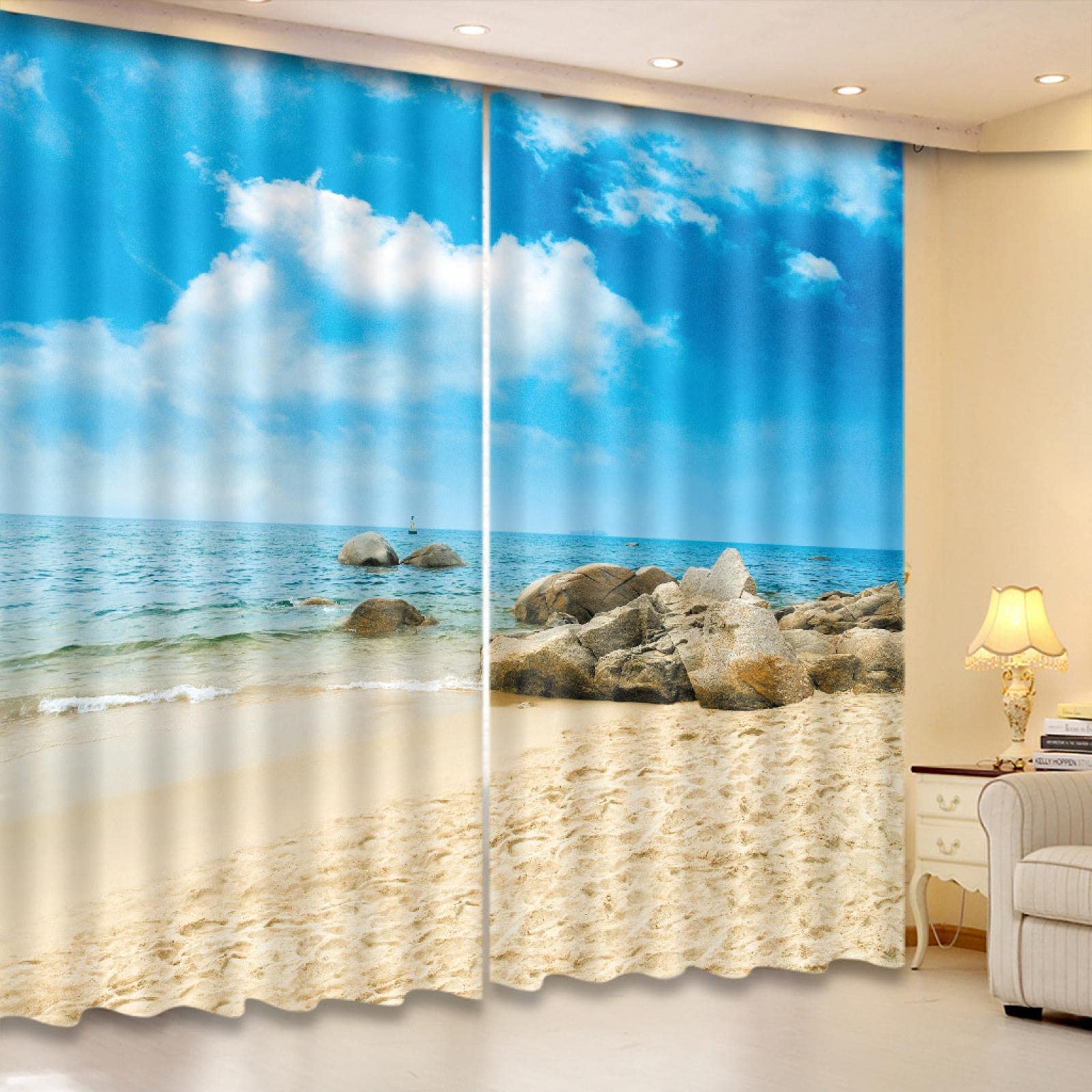 shuimanjinshan Blackout Curtains - 3D Printing Sunny beach - Eyelet Curtains, 180(H) x125(W) Cmx2 Panels/Set - Suitable For Living Room Bedrooms (M-6637)