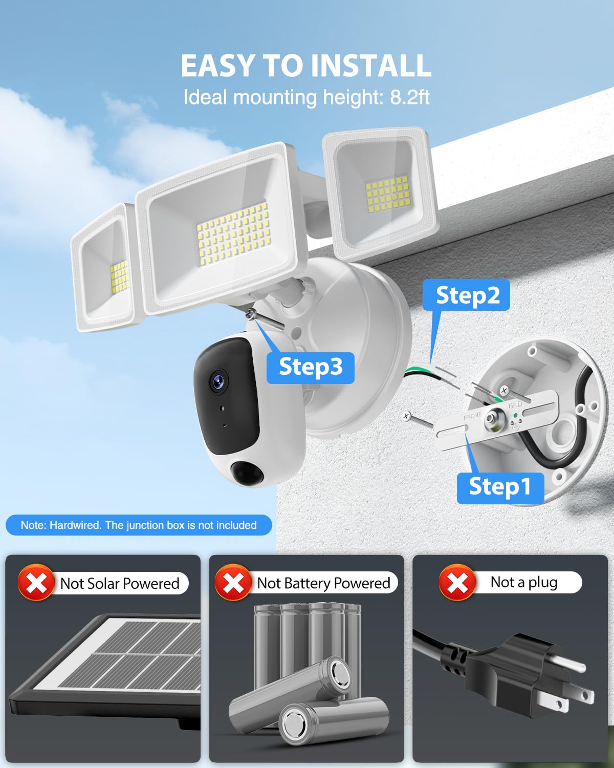 Telecamera proiettore 6500LM cablata, telecamera di sicurezza HD 2K per esterni con attivazione del movimento, visione notturna a colori, registrazione 24/7, audio a 2 vie, WiFi 2.4G, sirena