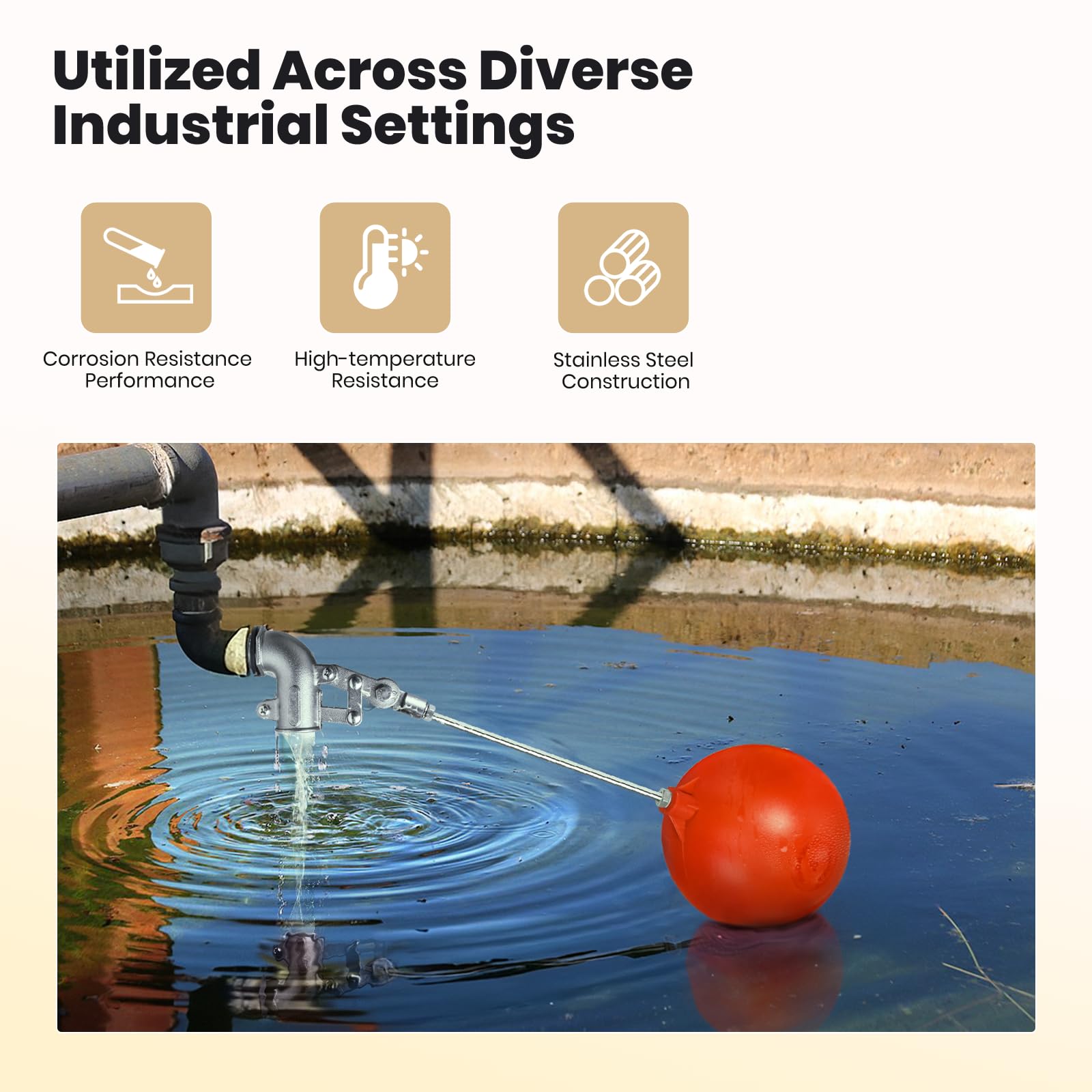 Válvula flotante de acero inoxidable de 3/4 pulgadas para tanque de agua, diseño resistente con varilla de ángulo ajustable para un control preciso del nivel de agua, incluye bola flotante de 6