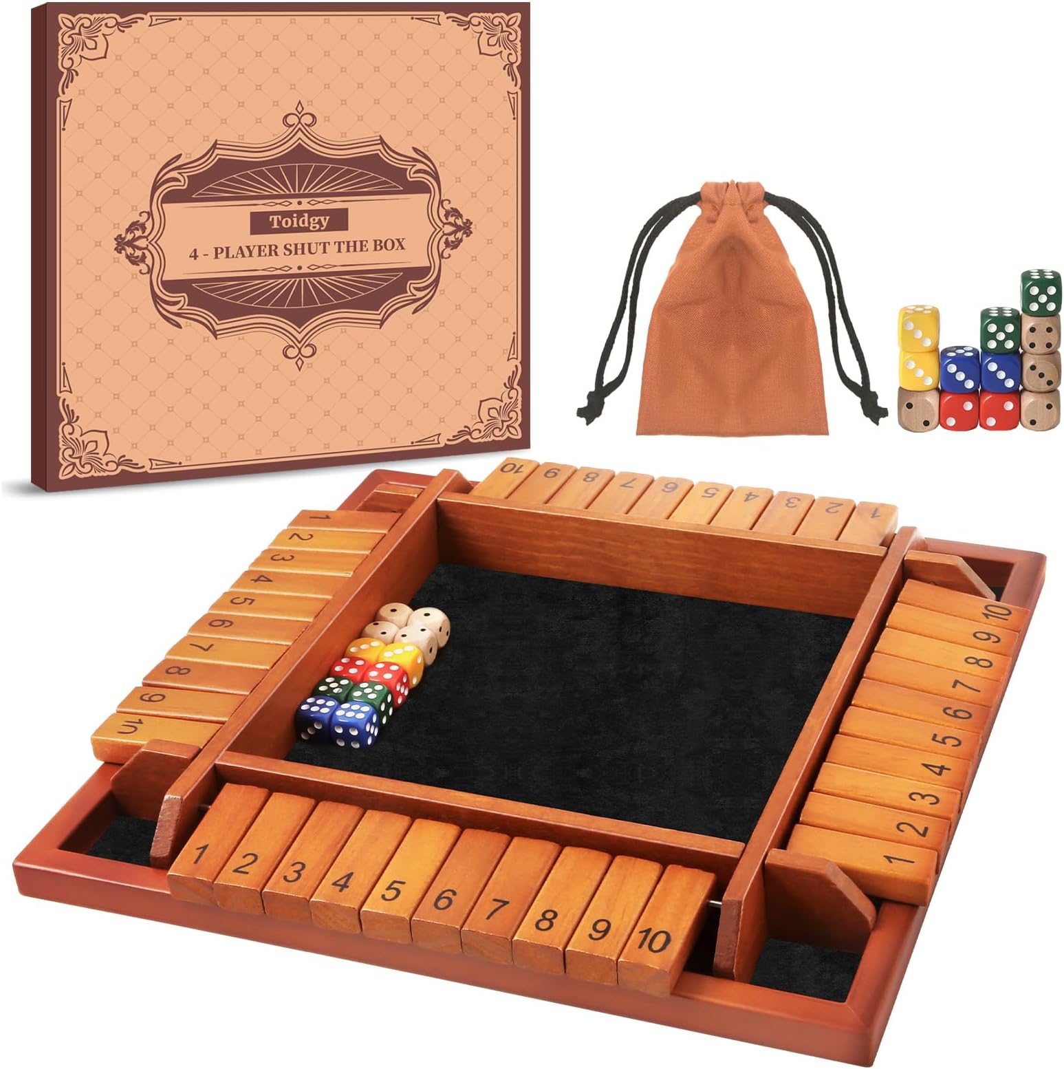 Toidgy 4 Players Shut The Box Dice Games, Wooden Board Table Math Game with 12 Dice and Instructions, Classics Close The Box Board Game for Adults Kids, Family Classroom Home or Bar