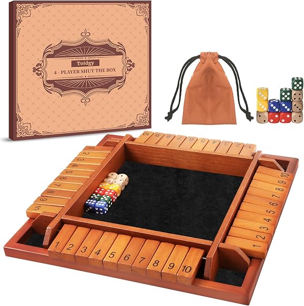 Toidgy 4 Players Shut The Box Dice Games, Wooden Board Table Math Game with 12 Dice and Instructions, Classics Close The