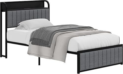 Miniatura 42 de VECELO Base de cama tamaño matrimonial con cabecera tapizada, plataforma resistente con listones de metal fuertes, no necesita somier, fácil Lino y