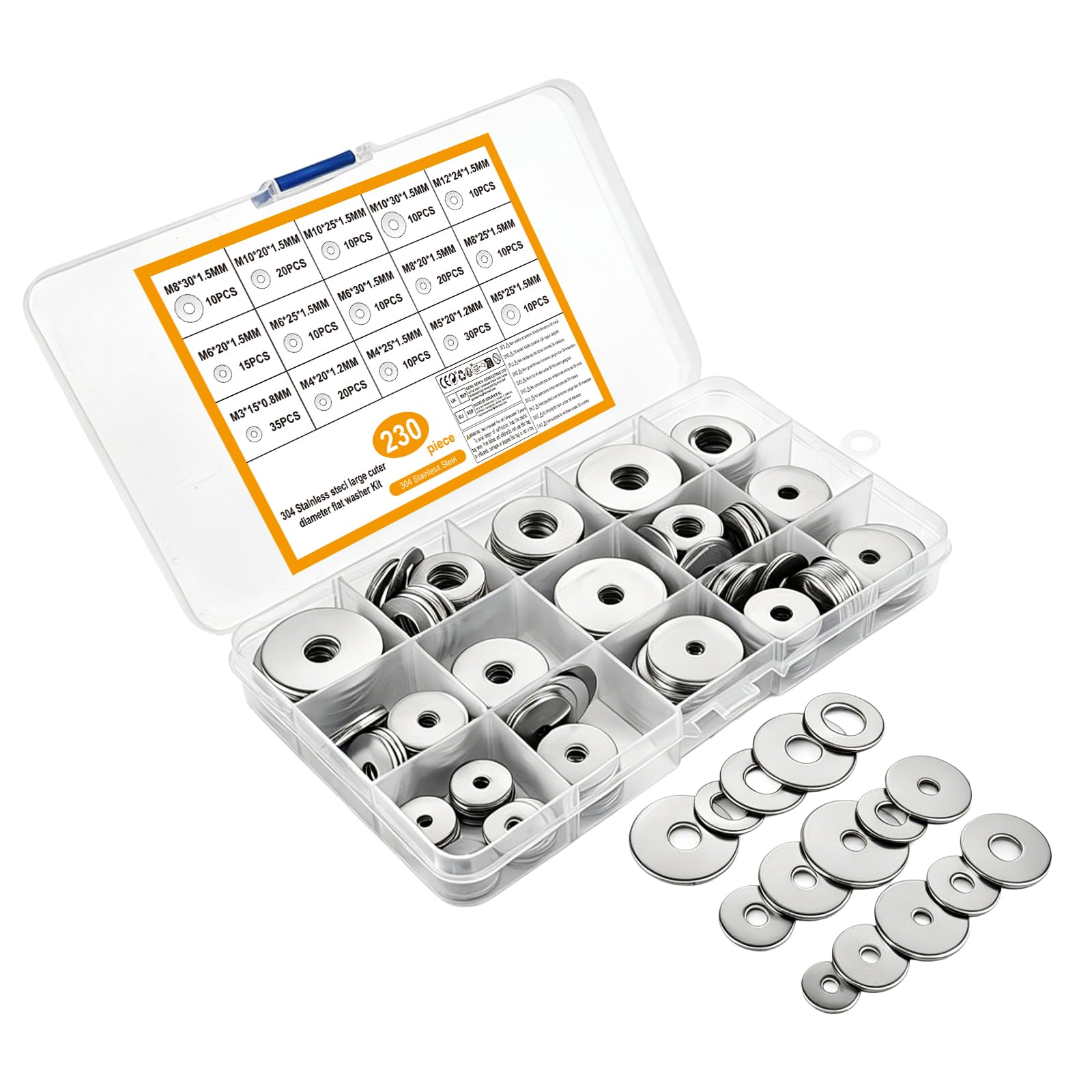 230 Pcs Assorted Washers for Screws, Stainless Steel Flat Penny Washers for Bolts, Large Plain Round Fender Flat Washer Assortment Kit for Screws & Bolts, M3 M4 M5 M6 M8 M10 M12 Washer Set (230)