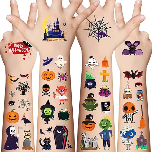 Miniatura 1 de Tatuaje temporal de dibujos animados para niños, 20 hojas de 360 tipos de lindos fantasmas, calabaza, brujas, murciélagos, telaraña, calcomanías de