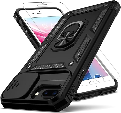 YZOK Funda para iPhone 8 Plus, iPhone 7 Plus, iPhone 6 Plus, con cubierta deslizante para cámara + protector de pantalla HD, soporte de anillo