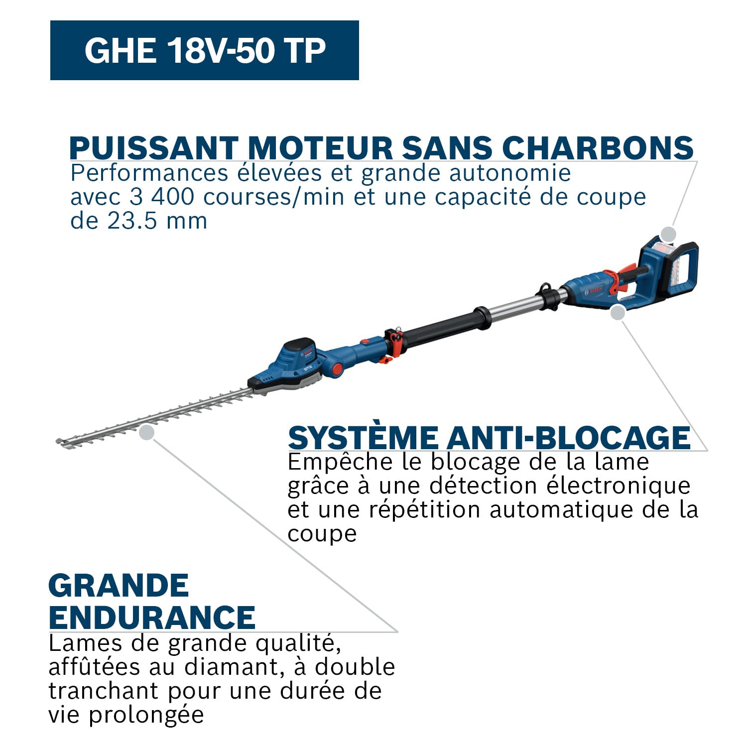 Bosch Professional Taille-haie télescopique GHE 18V-50 TP 18V 2,5 m 3400 courses/min 23,5 mm sans batterie
