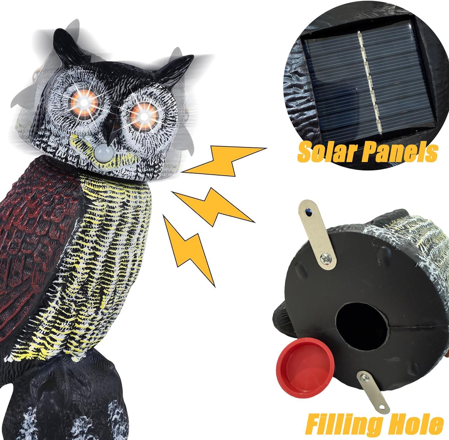 Gufo Spaventapasseri Solare, Gufo Dissuasore per Uccelli da Esterno | Gufo Scaccia Piccioni con Testa Mobile e Suono per Balcone Tetto Giardino Terrazza, Finto Gufi Decorativo, Anti uccelli gatto