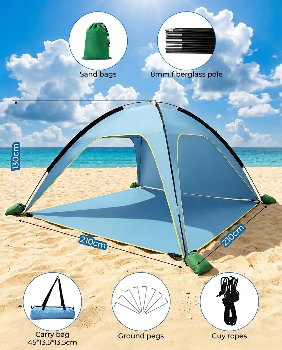 MYMULIKE Tenda da spiaggia UV50+, protezione solare, 210 x 210 x 130 cm, 4-6 persone, poliestere 190T con aste in fibra di vetro da 8 mm, portatile, con sacchi di sabbia/picchetti, per spiaggia