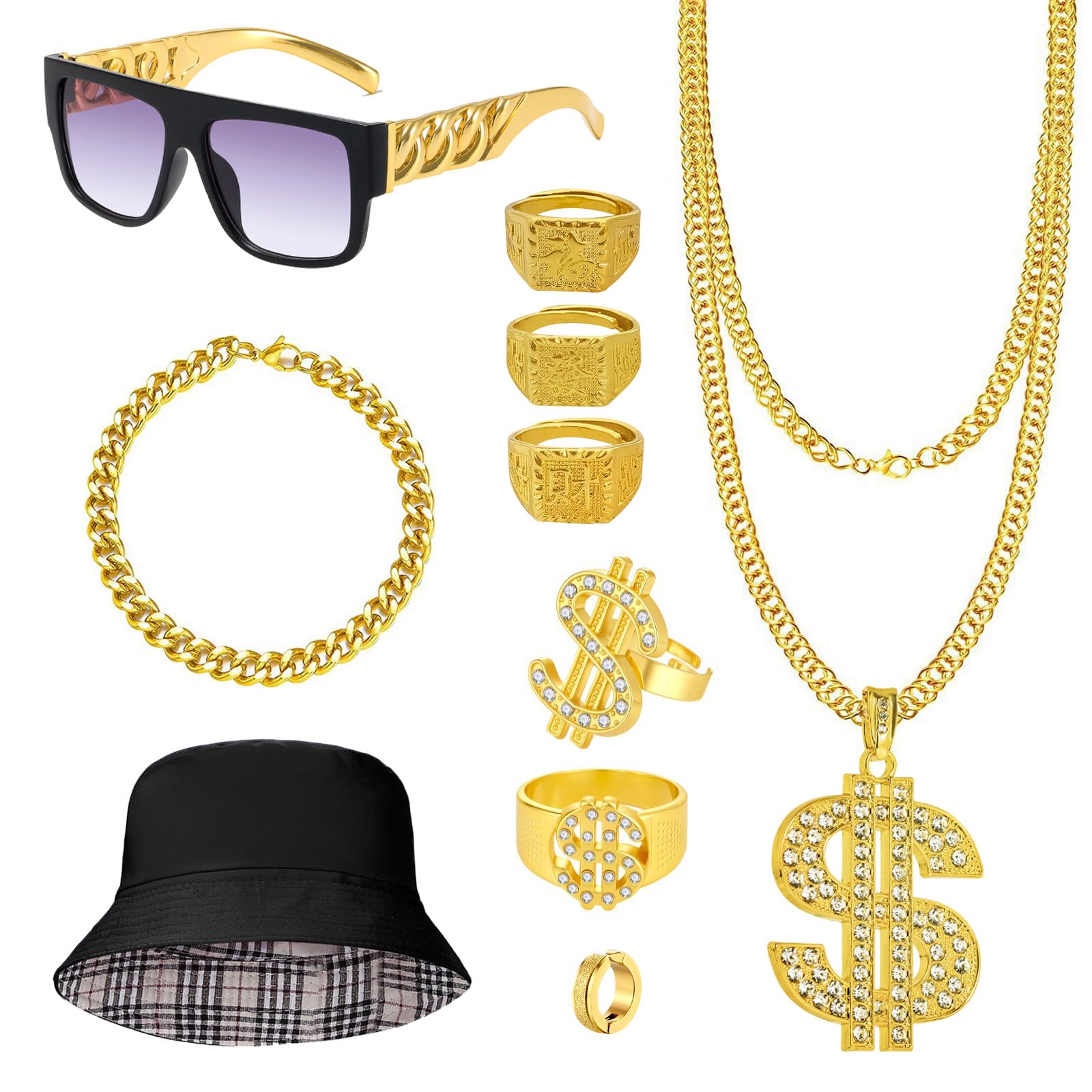 FICOFISE 10PCS Hip Hop Party Decorations Set 90s Fancy Dress Men Rapper Costume Kit with Fake Gold Chain, Dollar Necklace