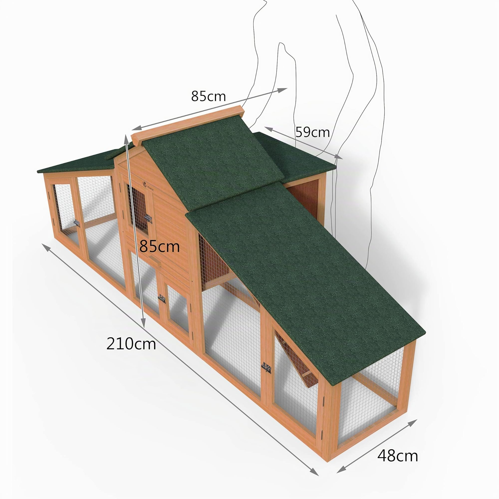 VOUNOT® Gallinero de Madera para Exterior, Conejera Jaula Grande, Capacidad 2 Gallinas, 210 x 85 x 85 cm