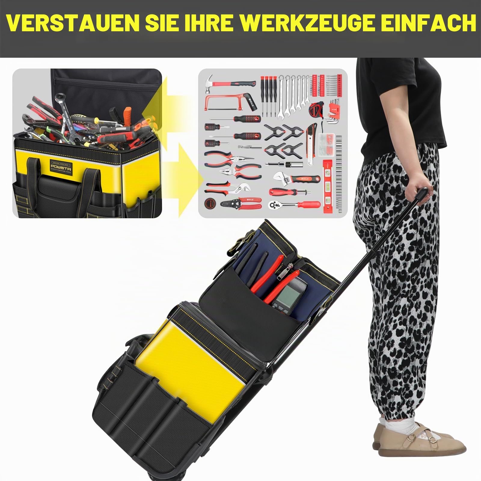 21" Groß Werkzeugtasche mit Rollen,18 Taschen, Vielseitig Einsetzbare Werkzeugtasche mit Teleskopgriff, für Bauarbeiter, Elektriker, Gelb/Schwarz | Mit Teleskopgriff und 18 Taschen, Mehrzweck-Werkzeugtaschen für Bau, Elektriker und HVAC, Gelb/Schwarz