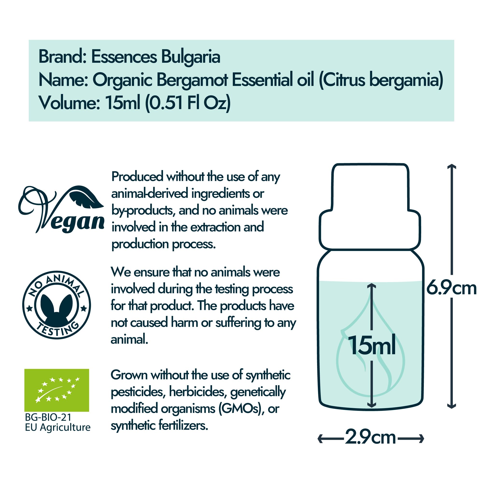 Essences Bulgaria Aceite Esencial de Bergamota Orgánico 15ml | Citrus bergamia | 100% Puro y Natural | Sin diluir | Grado Terapéutico | Aromaterapia | Cosméticos | Libre de crueldad | Sin OGM | Vegano