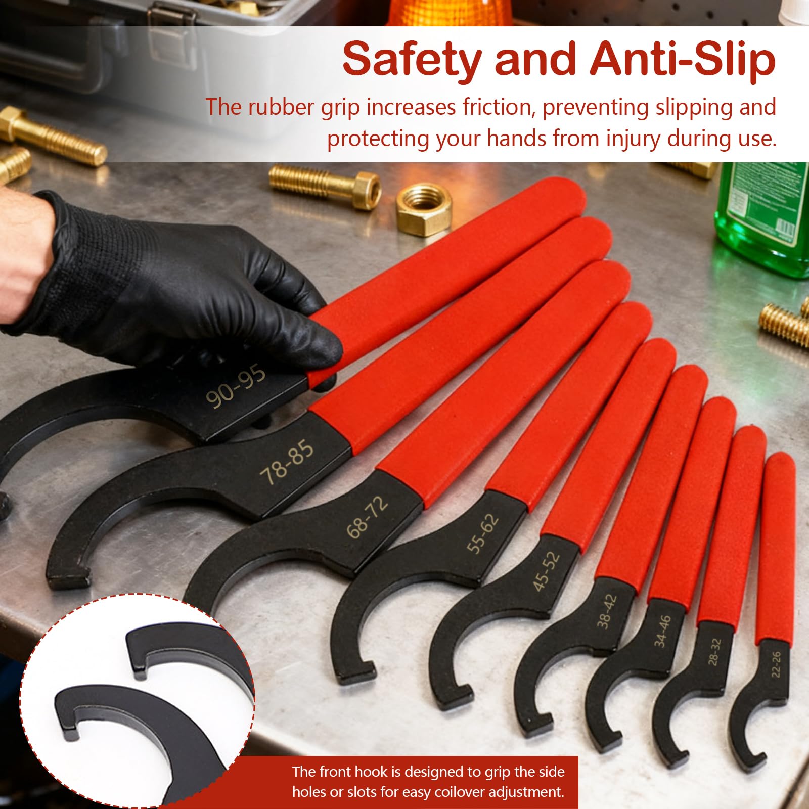 Llave Inglesa, Llave de Gancho de 9 Piezas con Mango de Goma Antideslizante Juego de Llaves Ajustables Llave de Coilover de Acero con Alto Contenido de Carbono Herramienta para Amortiguadores