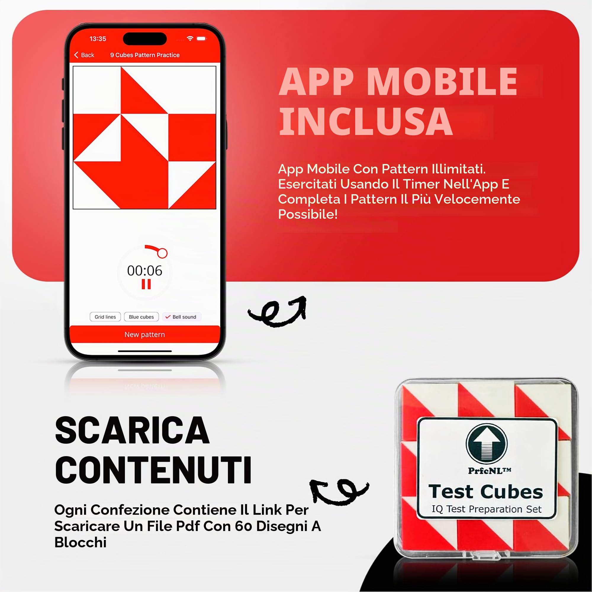 PrfcNL Cubi di prova (rosso e bianco) - Studio per test di progettazione a blocchi, pratica test di ragionamento spaziale cognitivo, 9 cubi di Kohs, preparazione del test WAIS e Wisc, 1002IQBOX