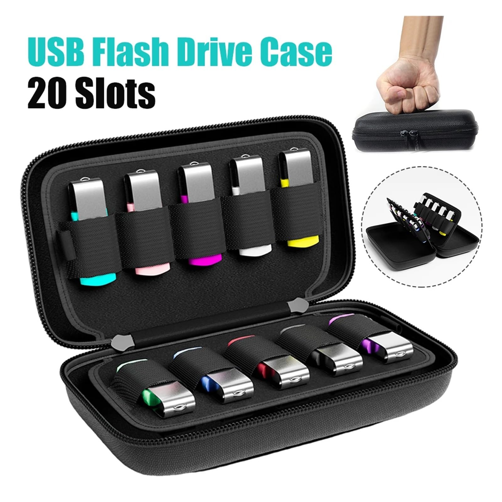 Estuche de almacenamiento para disco duro con 20 ranuras para unidad flash USB, soporte duro de EVA, organizador de pulgar de nailon a prueba de golpes, color negro