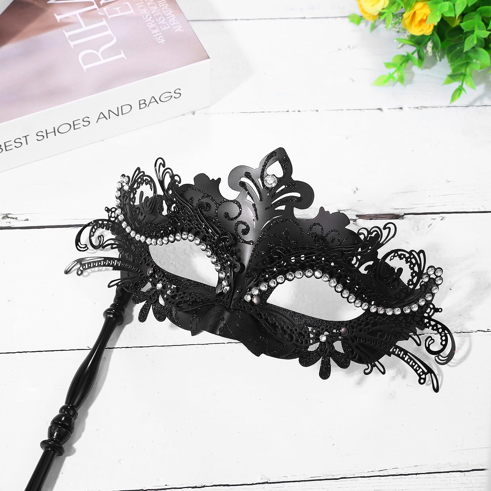 Oidea Women's Masquerade Mask with Stick: Rhinestones Deecorations Mardi Gras Venetian Mask Halloween Carnival Party Costume Ball Mask - Image 4