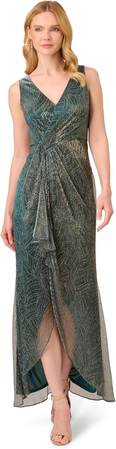 Adrianna Papell Womens Metallic Mesh Cascade Gown