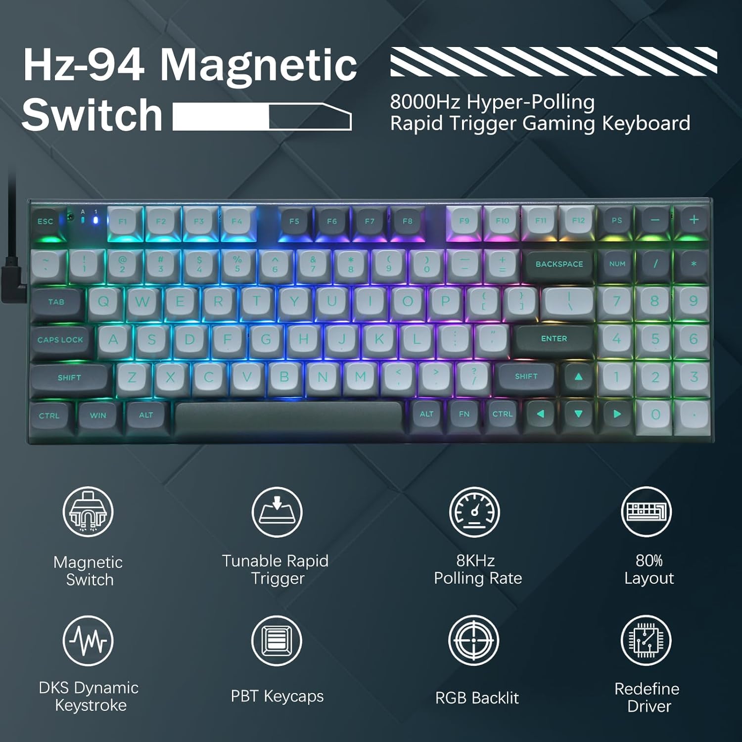 E-YOOSO Rapid Trigger Gaming Keyboard, Hall Effect Magnetic Switch, Adjustable Actuation, 8k Hz Polling Rate, RGB Backlit, 80% Compact Wired with Number Pad for PC Gamer, Gray/Black