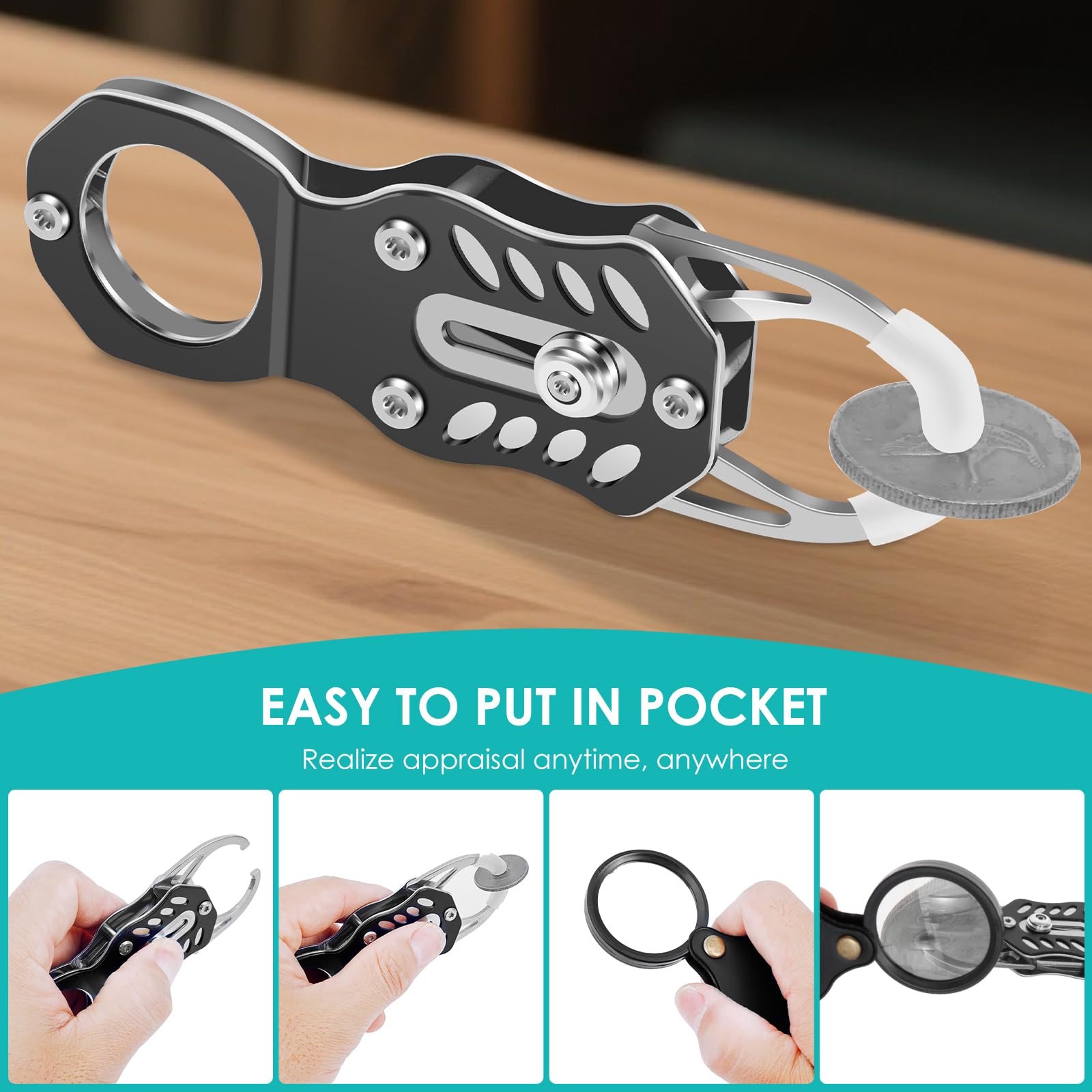 Pocket Pinger - Tester per monete con martello e lente d'ingrandimento, strumento portatile per la risonanza sonora e la verifica delle dimensioni dell'oro e dell'argento, per collezionisti