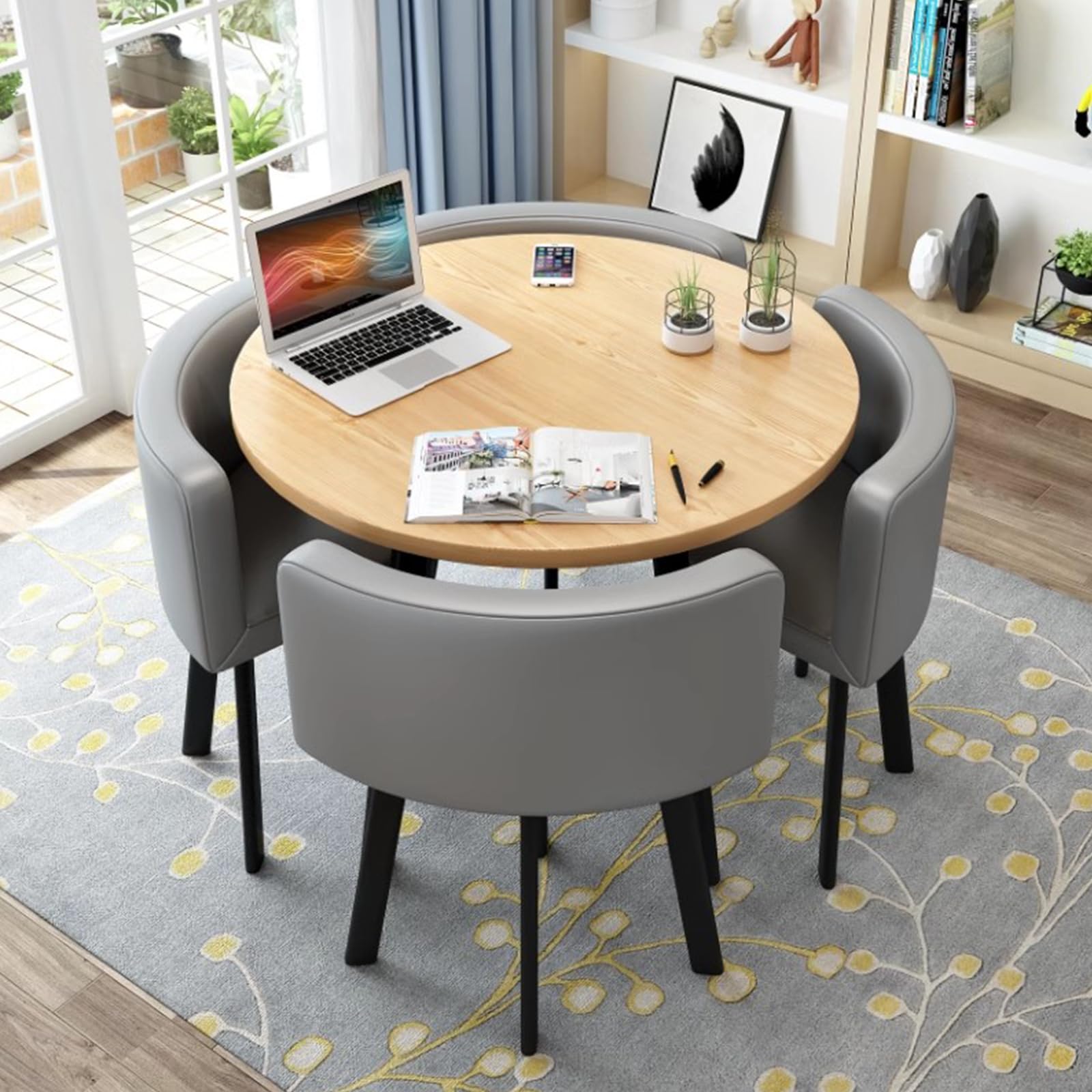 Office Furniture, Round Dining Table and Chairs Set 4, Office Reception Room Club Table and Chair Set, Space-Saving Small Meeting Room Table for Home Living Room Balcony Cafe Break Room, PU