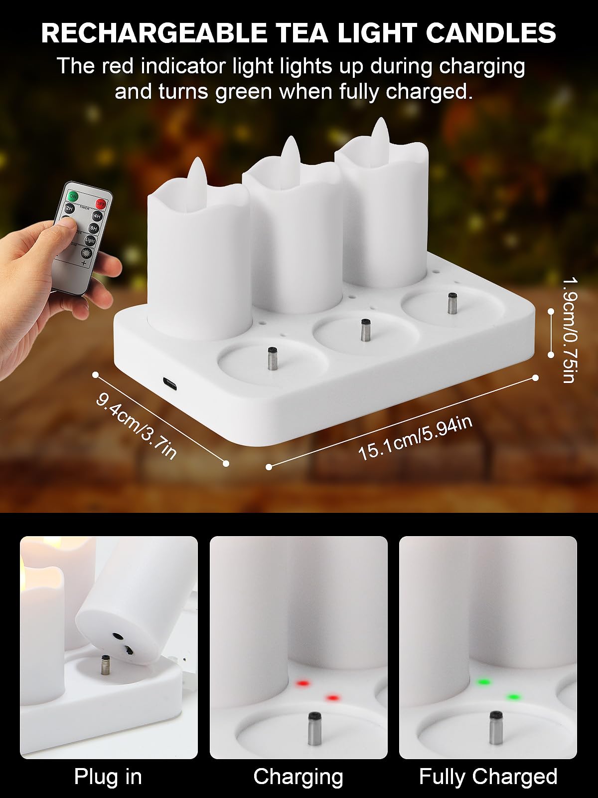 Candele da tè ricaricabili con timer remoto, candele LED senza fiamma da 5,1 x 5,3 cm, con base di ricarica USB, piccole candele votive, candele finte elettriche, per matrimoni, decorazione da