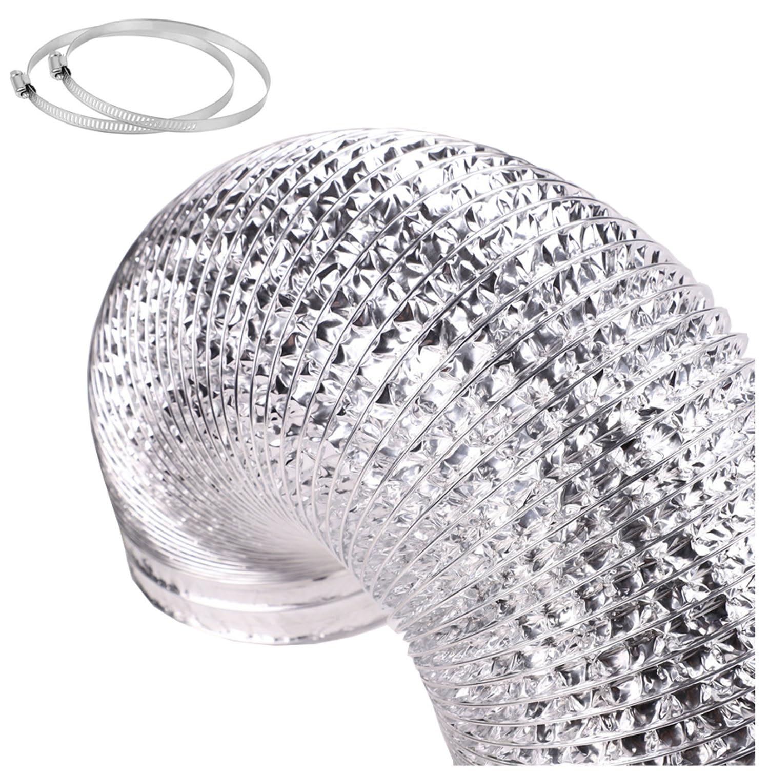 Condotto Flessibile in Alluminio, Tubo Flessibile in Alluminio for Ventilazione e Scarico 80-200 mm x 1,5-5 m Argento con Morsetto e Nastro Adesivo(5m 180mm)