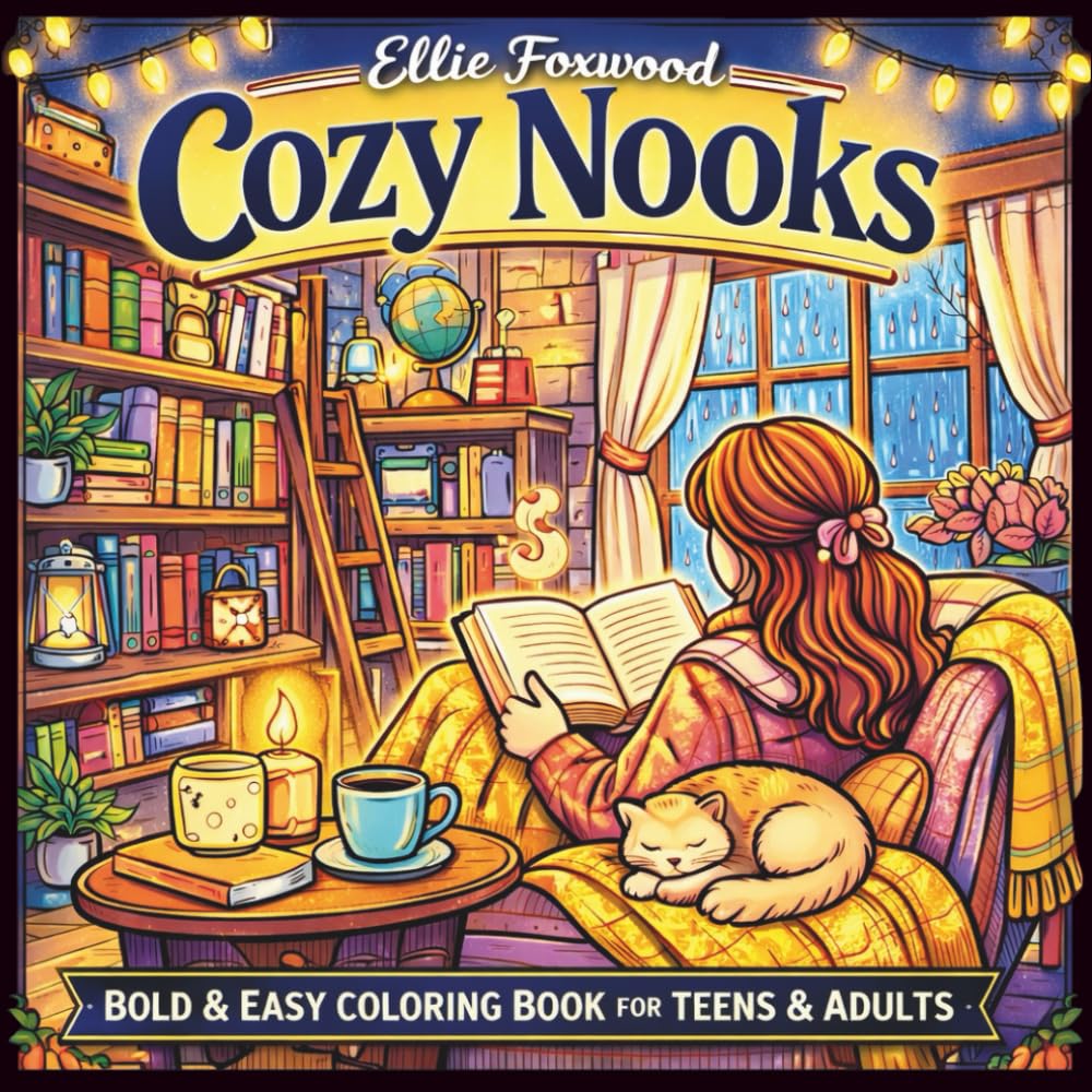 Cozy Nooks: Bold & Easy Coloring Book for Teens & Adults, Cozy Reading Nooks, Bookshelves, Tea & Pets (Cozy Little Escapes)