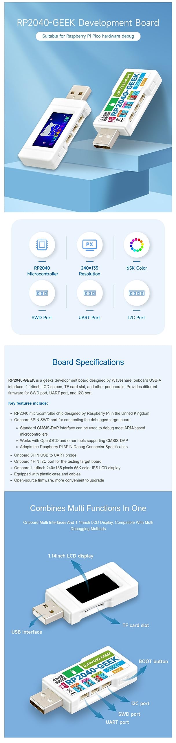 RP2040-GEEK Dev Board With LCD Screen - Raspberry Pi RP2040 Chip, USB Debugger, TF Card Slot & More