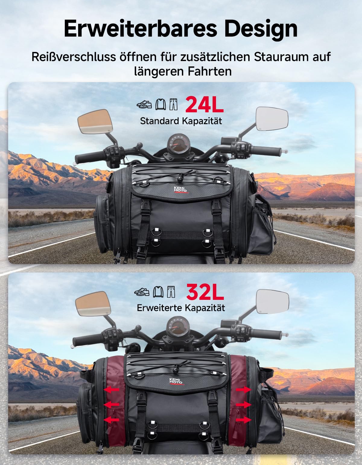 KEMIMOTO Motorrad Hecktasche 24-32L wasserdicht erweiterbare Satteltasche Gepäckträgertasche mit Regenhülle schwarz