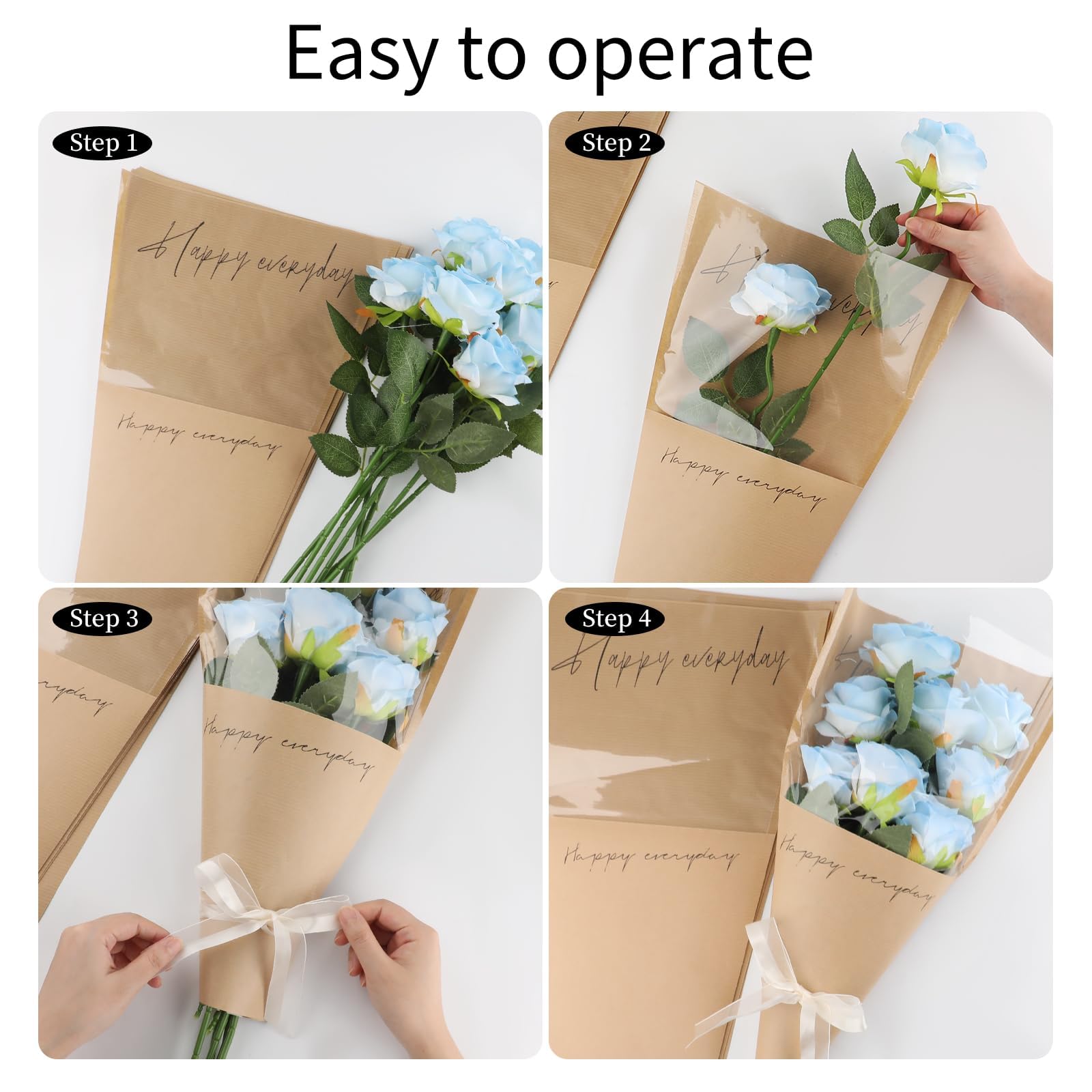 100 sacchetti da regalo per fiori con stampa "Happy Everyday", 28 x 43 cm, in carta kraft, trasparenti, per bouquet di fiori, confezioni regalo, forniture per matrimoni