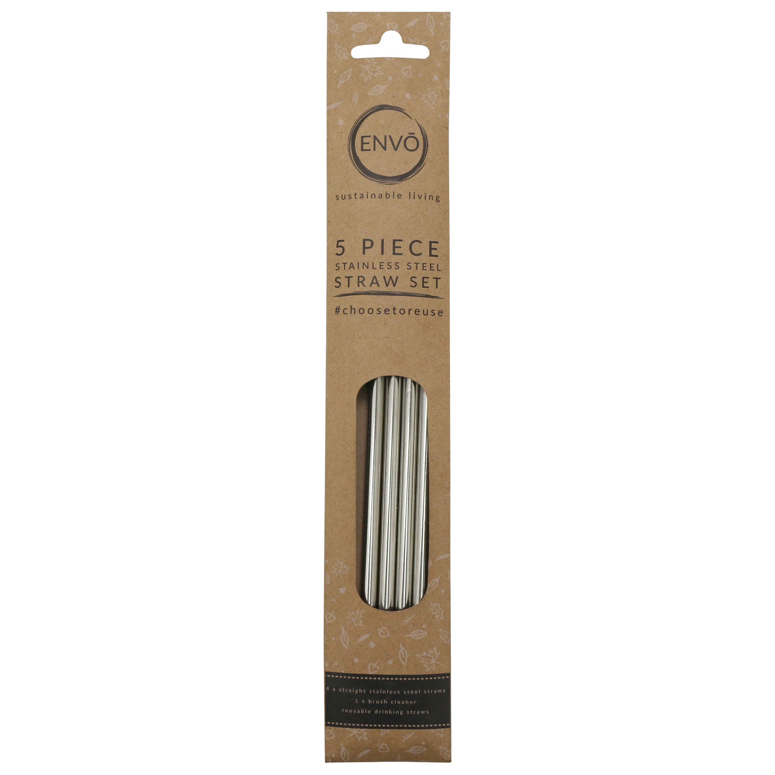 ENVO KAS1634 5 Piece Reusable Set (Pack of 4) 2.5cm Long/6mm Diameter, Stainless Steel Straws Without Metal Aftertaste, Contains Cleaning Brush