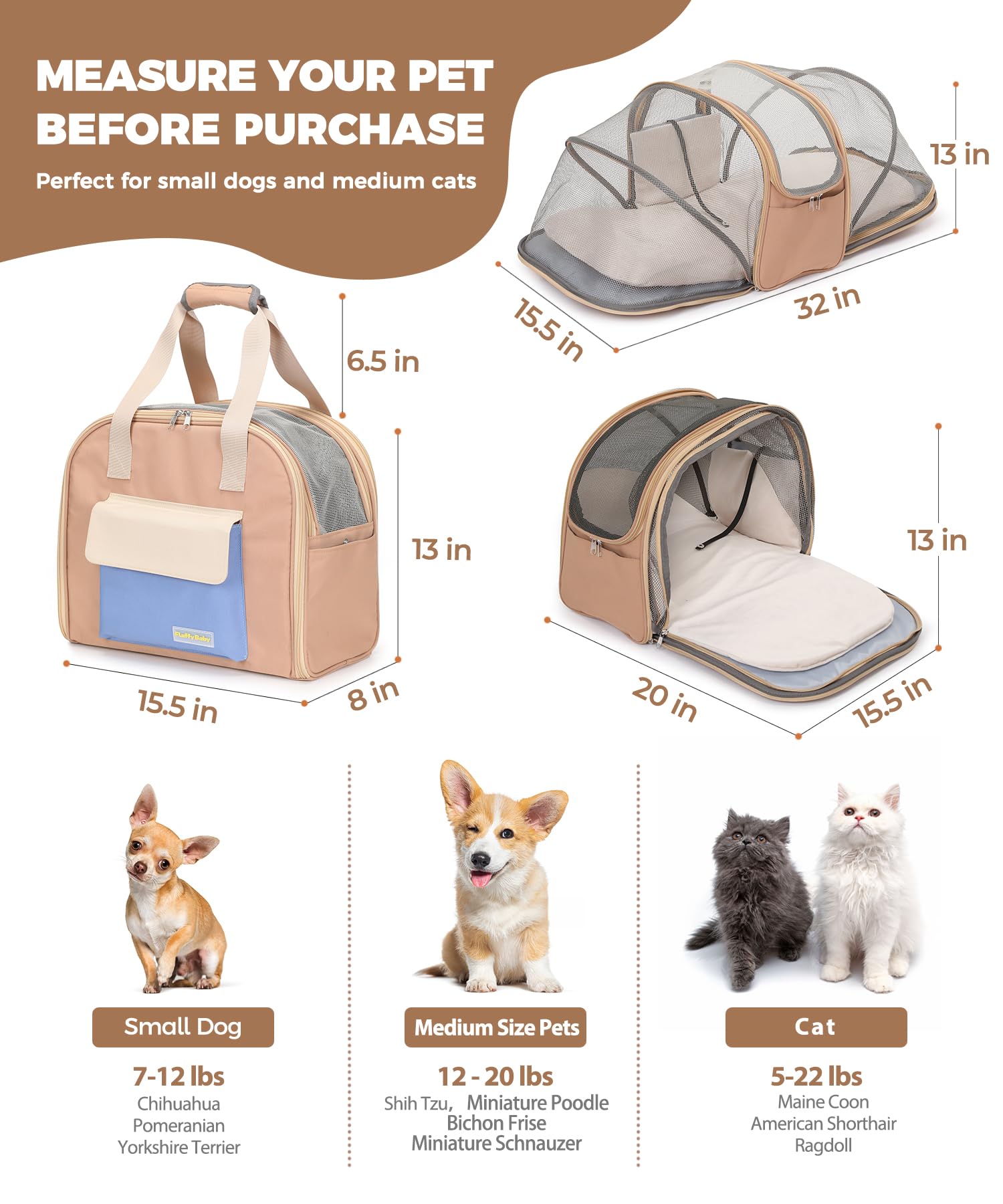 Mochila transportadora de mascotas expandible con malla transpirable para gatos, perros pequeños, cachorros de hasta 25 libras, aprobada por aerolíneas, impermeable, con hebilla de seguridad para