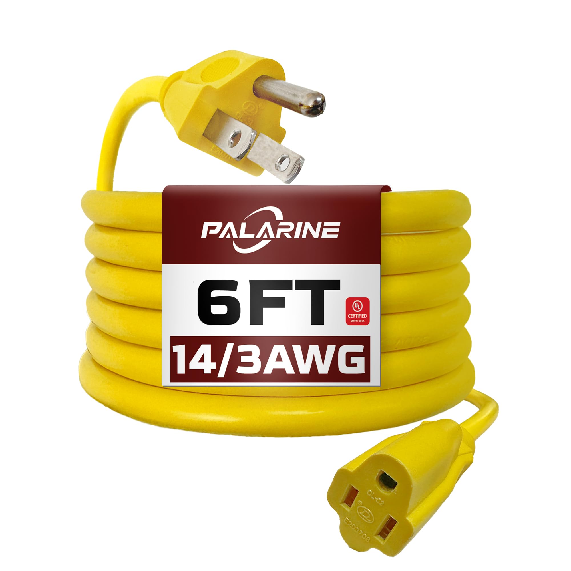 PALARINE 6ft Yellow Outdoor Extension Cord Waterproof, UL Listed, 14/3 SJTW Heavy Duty 3 Prong, 14 Gauge 15A Power Cord Ideal for Indoor Outdoor