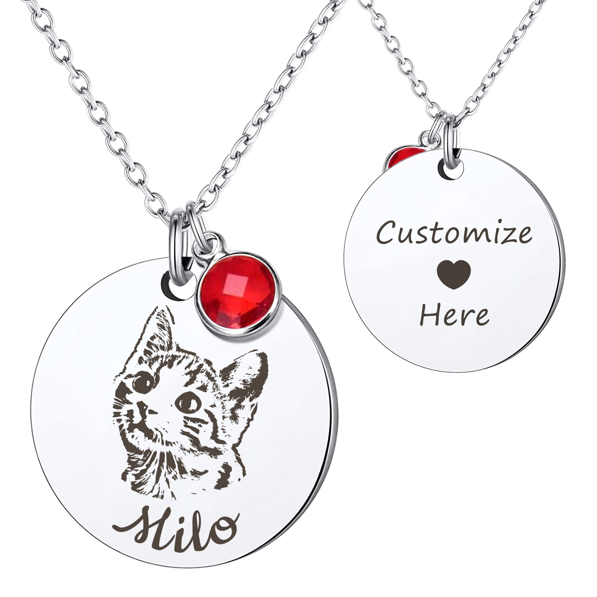 Anavia Personalized Pet Portrait Necklace, 12 Month of Birthstone Charm Options, Handmade Photo Custom Pet Memorial Jewelry Gift for Women, Round Disc Coin Necklace for Dog Cat Lovers (Silver)