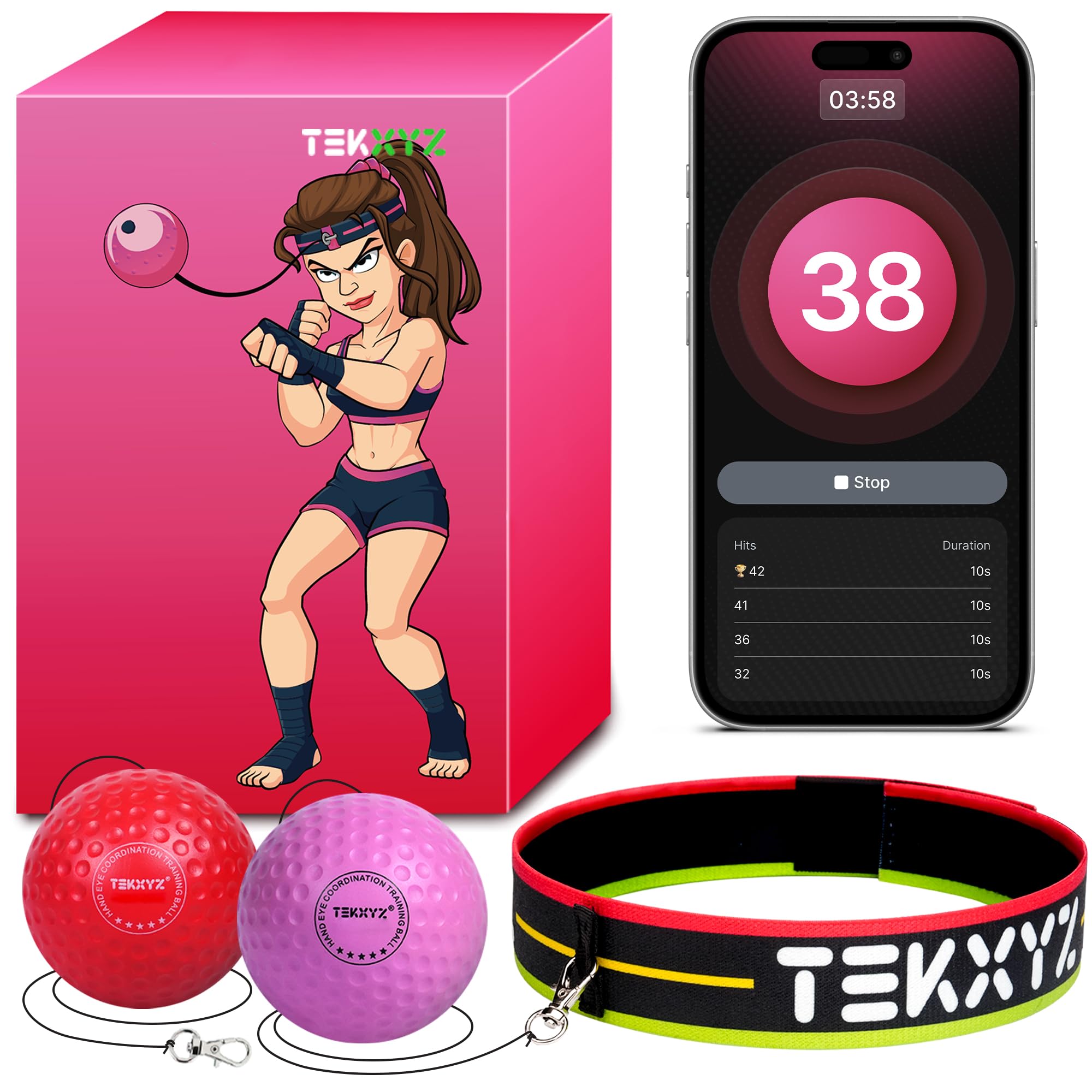 TEKXYZ® Reflex Ball with Counter App & Online Community, 2 Difficulty Levels Boxing Ball with Headband, Perfect for Reaction, Agility, Punching Speed, Fight Skill & Hand Eye Coordination Training