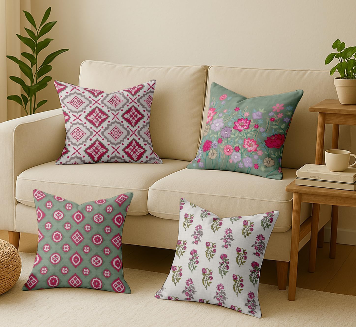Set of 4 16x16 Cotton Cushion Covers - Decorative Reversible Pillow Covers with Concealed Zipper - Filler Not Included - Floral Print, Green